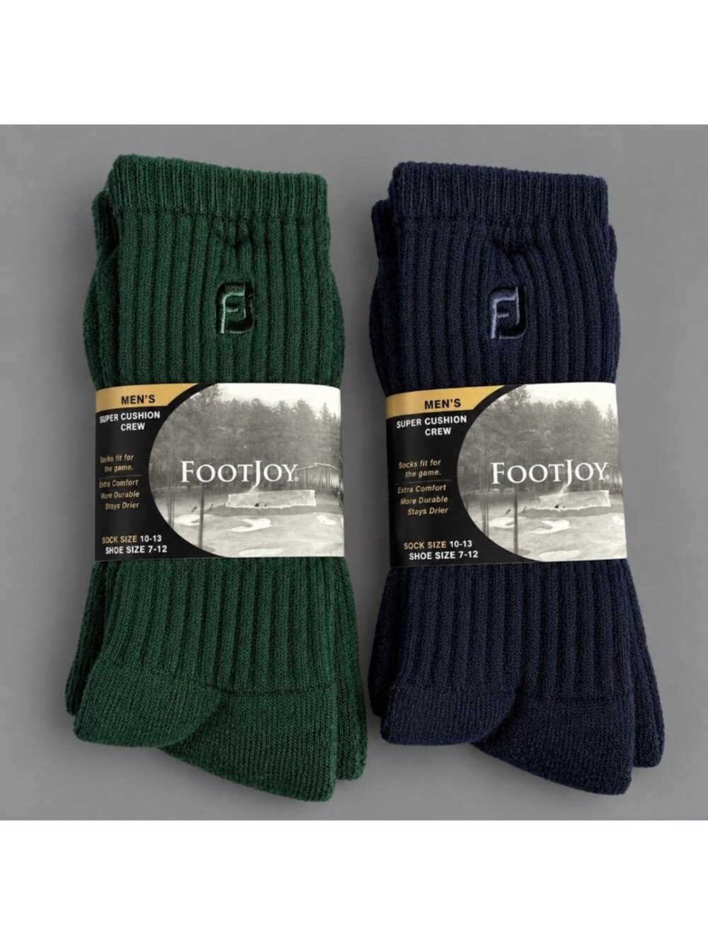 Vintage FOOTJOY Mens Super Cushion Crew Socks, Lot of 2, Hunter Green/Navy Blue